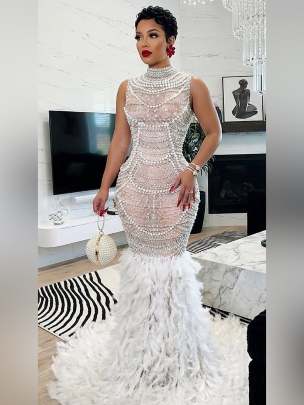 Pearl-Embellished White Feather Maxi Dress